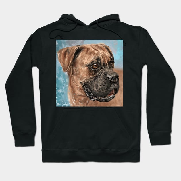 Painting of a Brown Coated Boxer Dog Looking to the Side on Light Blue Background Hoodie by ibadishi